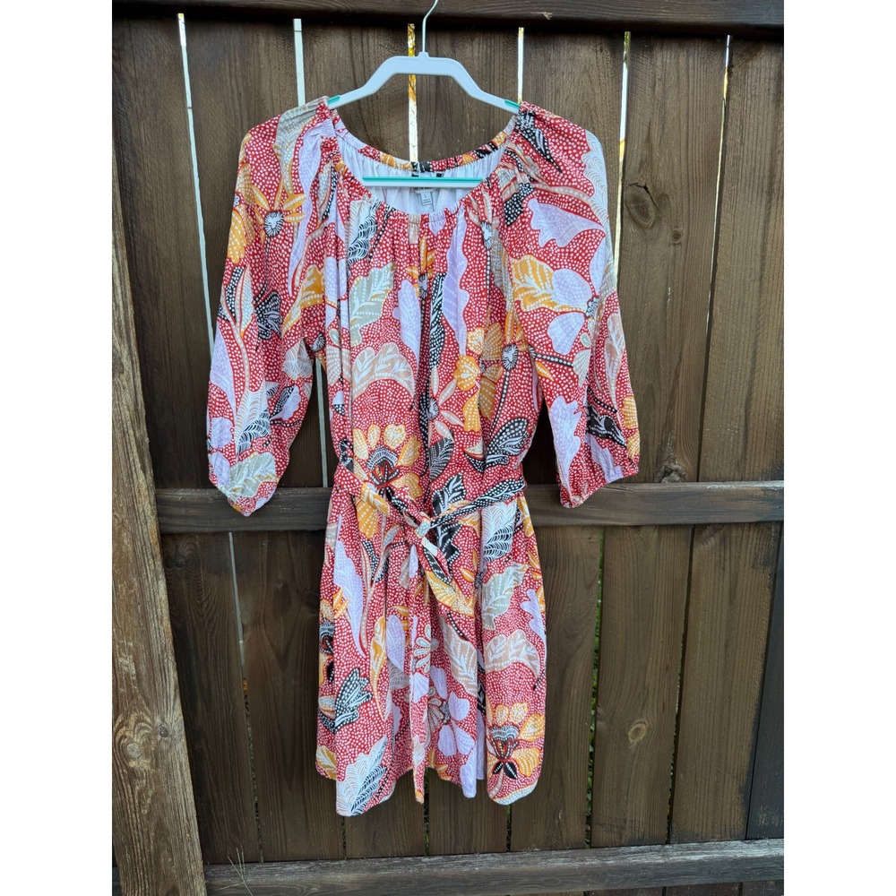 Elizabeth and James Floral Cotton Mini Dress Red Orange 3/4 Sleeve L 147966